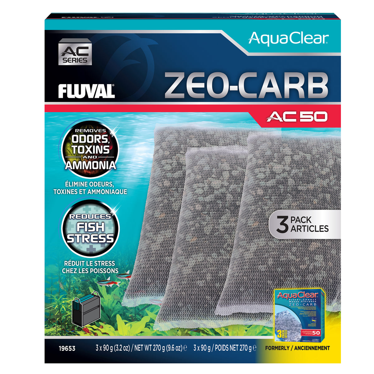 Masses filtrantes ZeoCarb pour filtre à moteur AC50 Fluval, 270 g (9,5 oz), paquet de 3