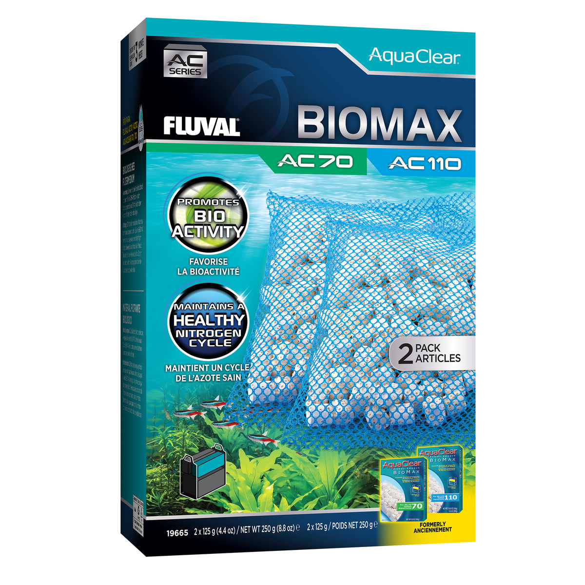Masses filtrantes BIOMAX pour filtre à moteur AC70/AC110 Fluval, 250 g (8,8 oz), paquet de 2