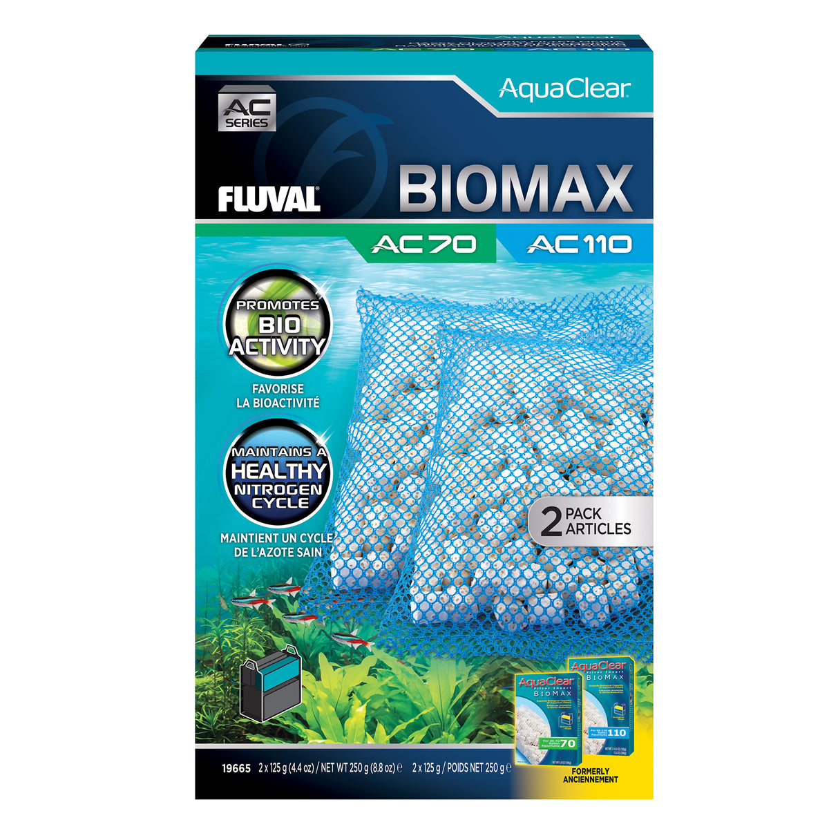 Masses filtrantes BIOMAX pour filtre à moteur AC70/AC110 Fluval, 250 g (8,8 oz), paquet de 2