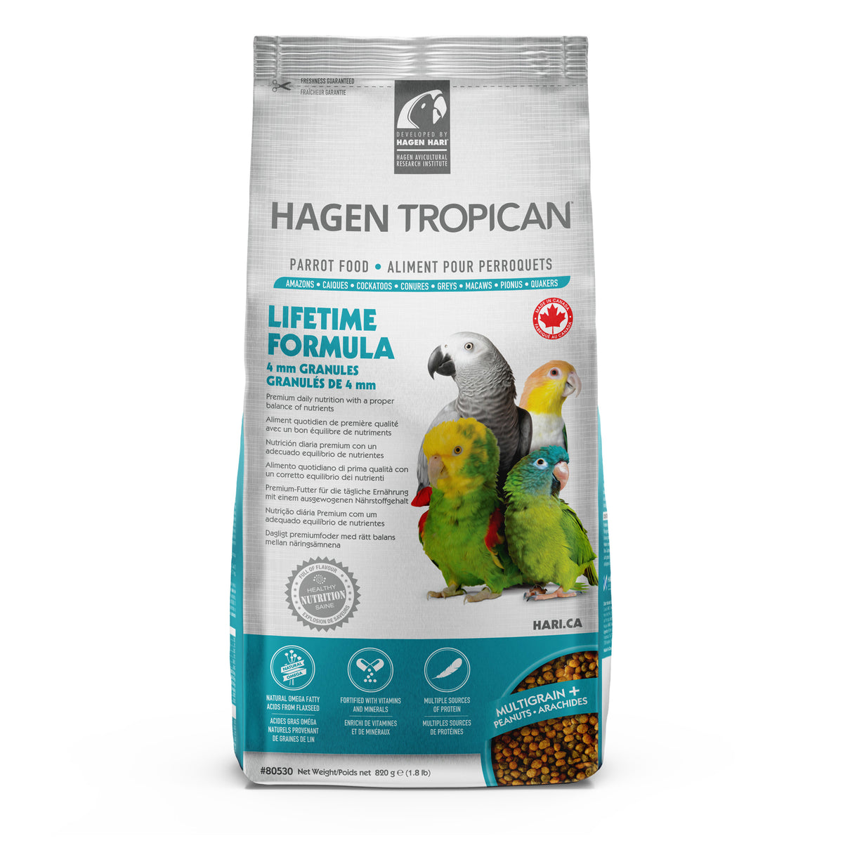 Nourriture Lifetime Tropican pour perroquets, granulés de 4 mm, 820 g (1,8 lb)