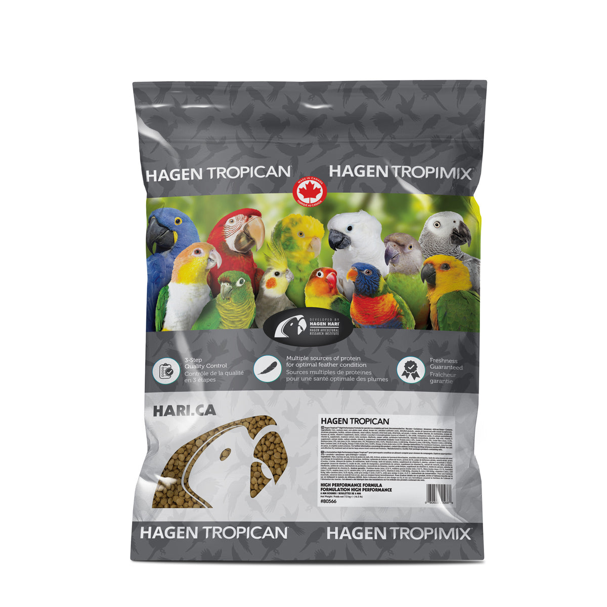 Nourriture High Performance Tropican pour perroquets, granulés de 8 mm, 7,5 kg (16,5 lb)