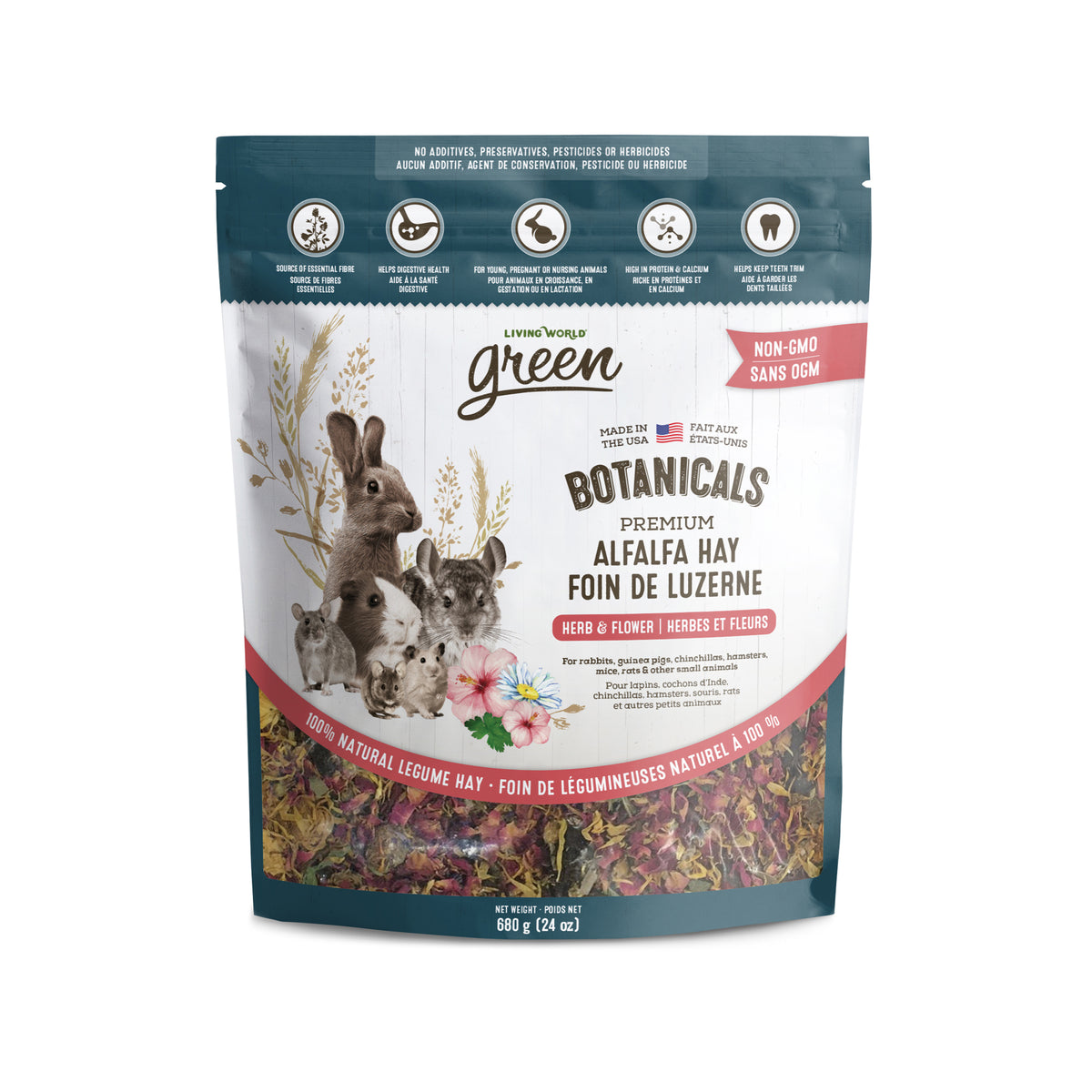 Foin de luzerne Botanicals Living World Green de qualité supérieure, Herbes et fleurs, 340 g