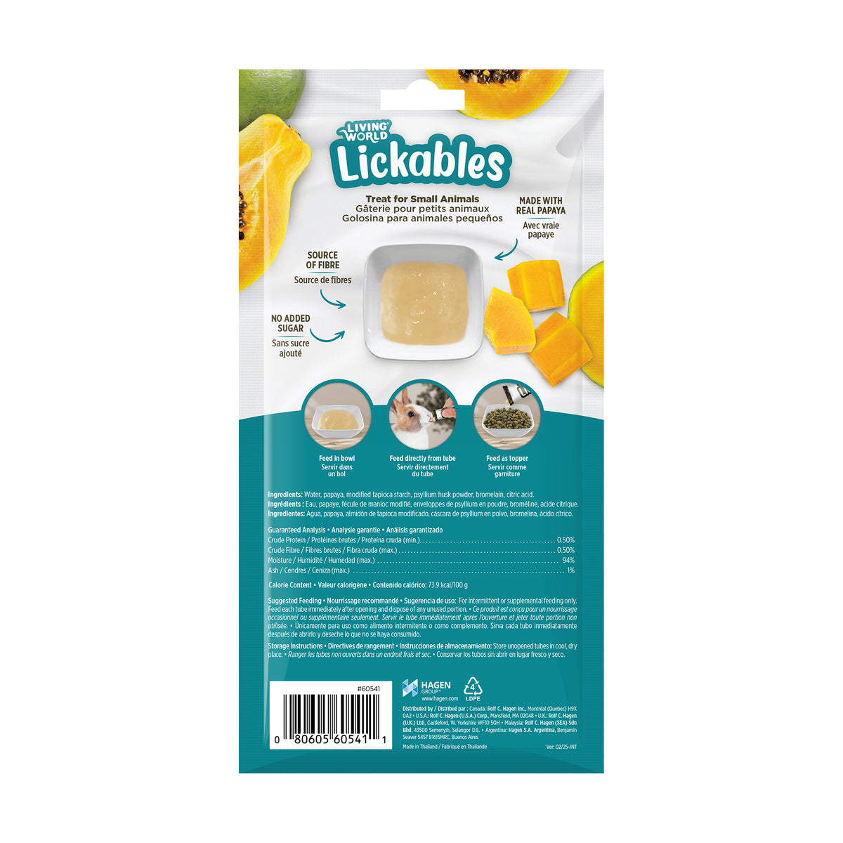 Gâteries Lickables Living World pour petits animaux, saveur de papaye, 5 tubes (10 g)