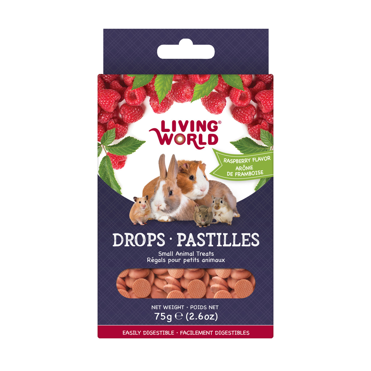 Gâteries Living World pour petits animaux, pastilles, arôme de framboise, 75 g (2,6 oz)