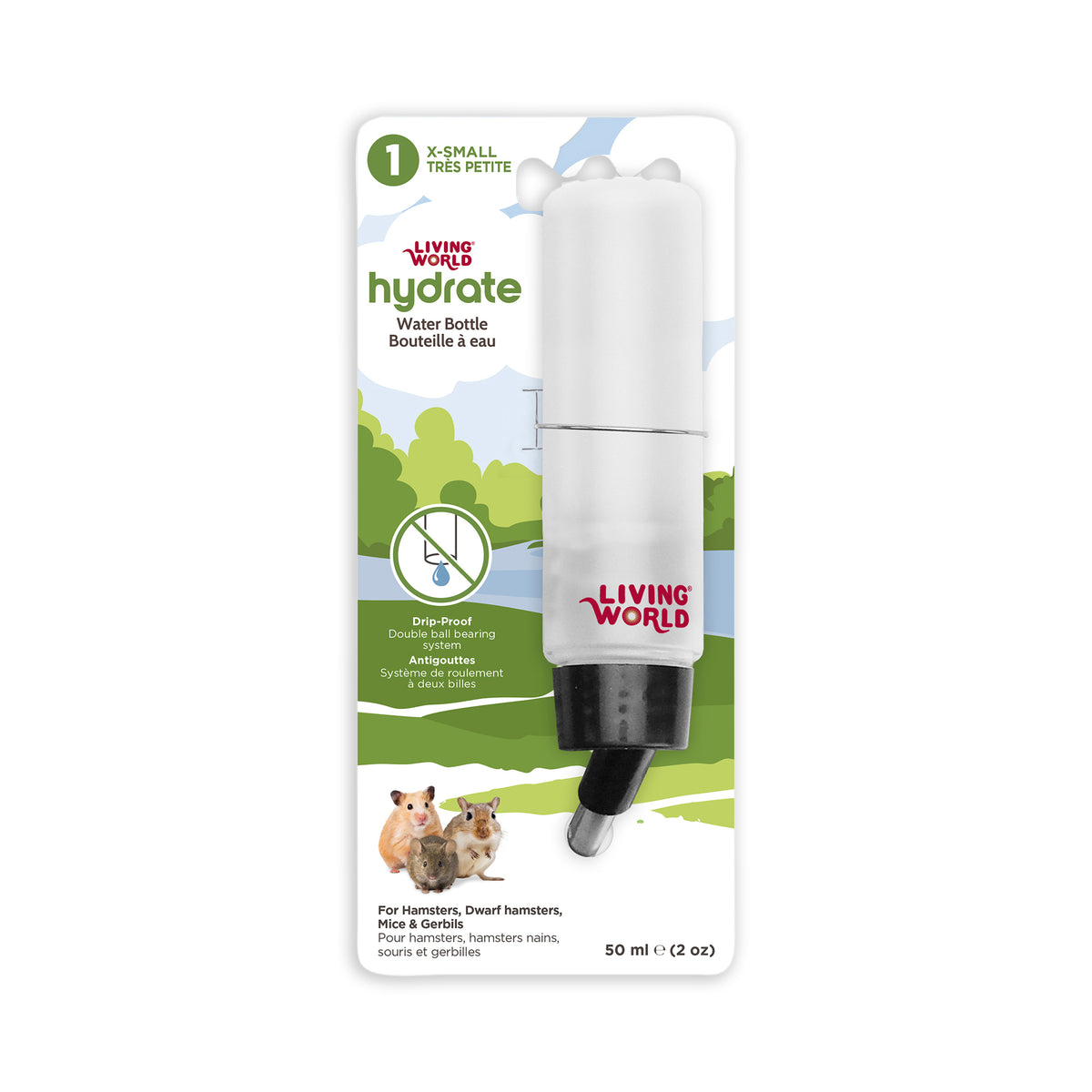 Bouteille à eau étanche Living World avec support pour petits animaux, très petite, 50 ml (2 oz liq.)
