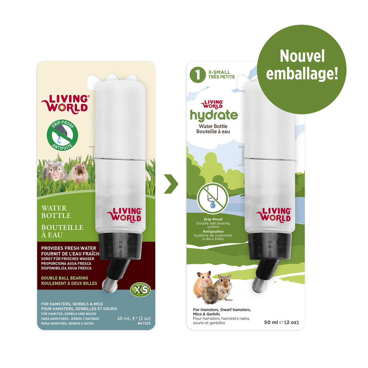 Bouteille à eau étanche Living World avec support pour petits animaux, très petite, 50 ml (2 oz liq.)
