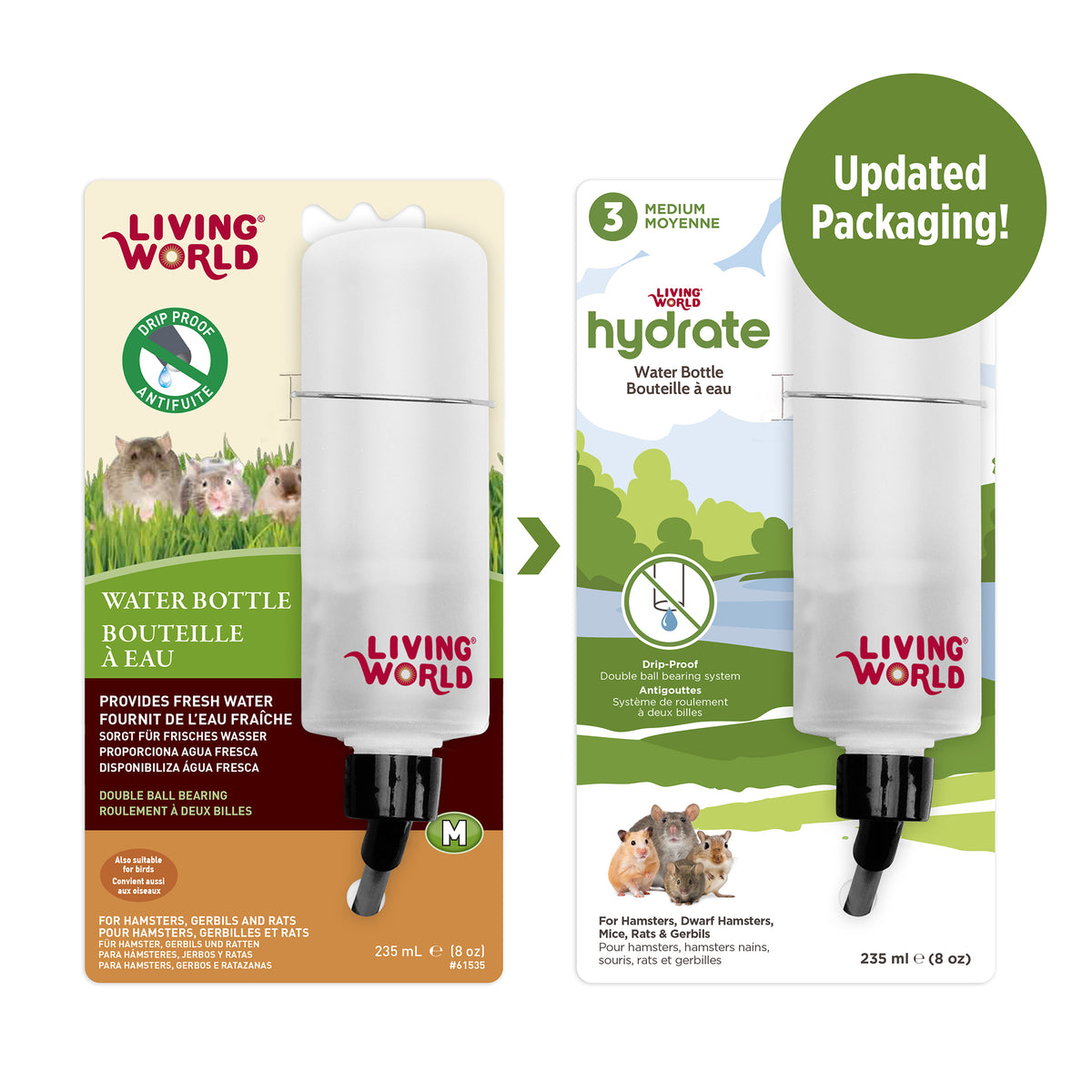 Bouteille à eau étanche Living World avec support pour petits animaux, moyenne, 236 ml (8 oz liq.)