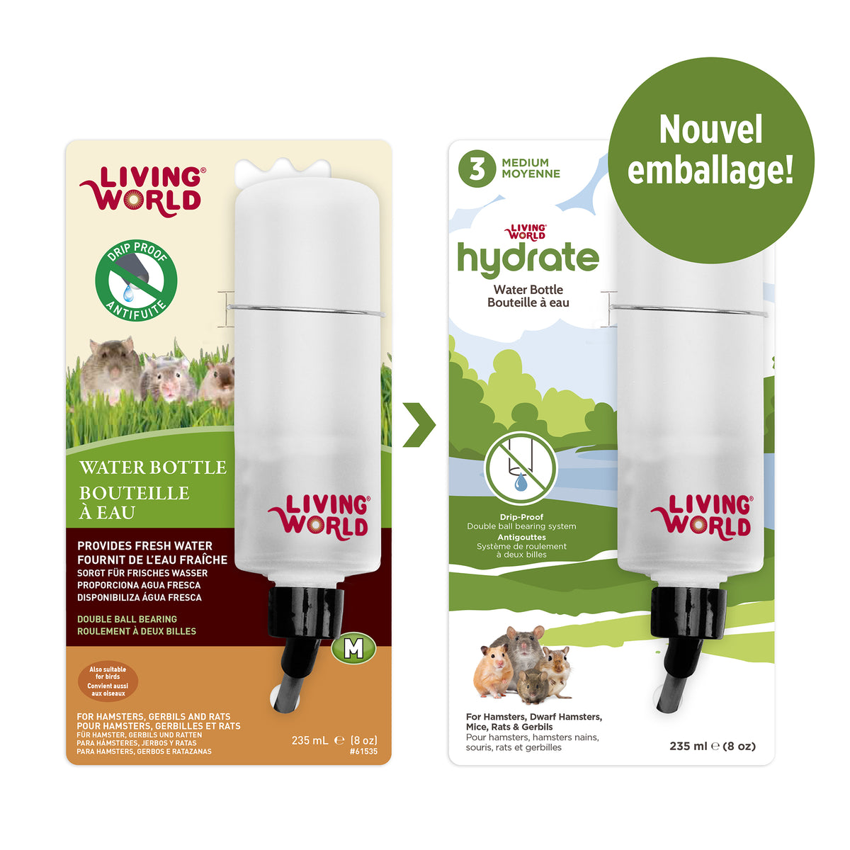 Bouteille à eau étanche Living World avec support pour petits animaux, moyenne, 236 ml (8 oz liq.)