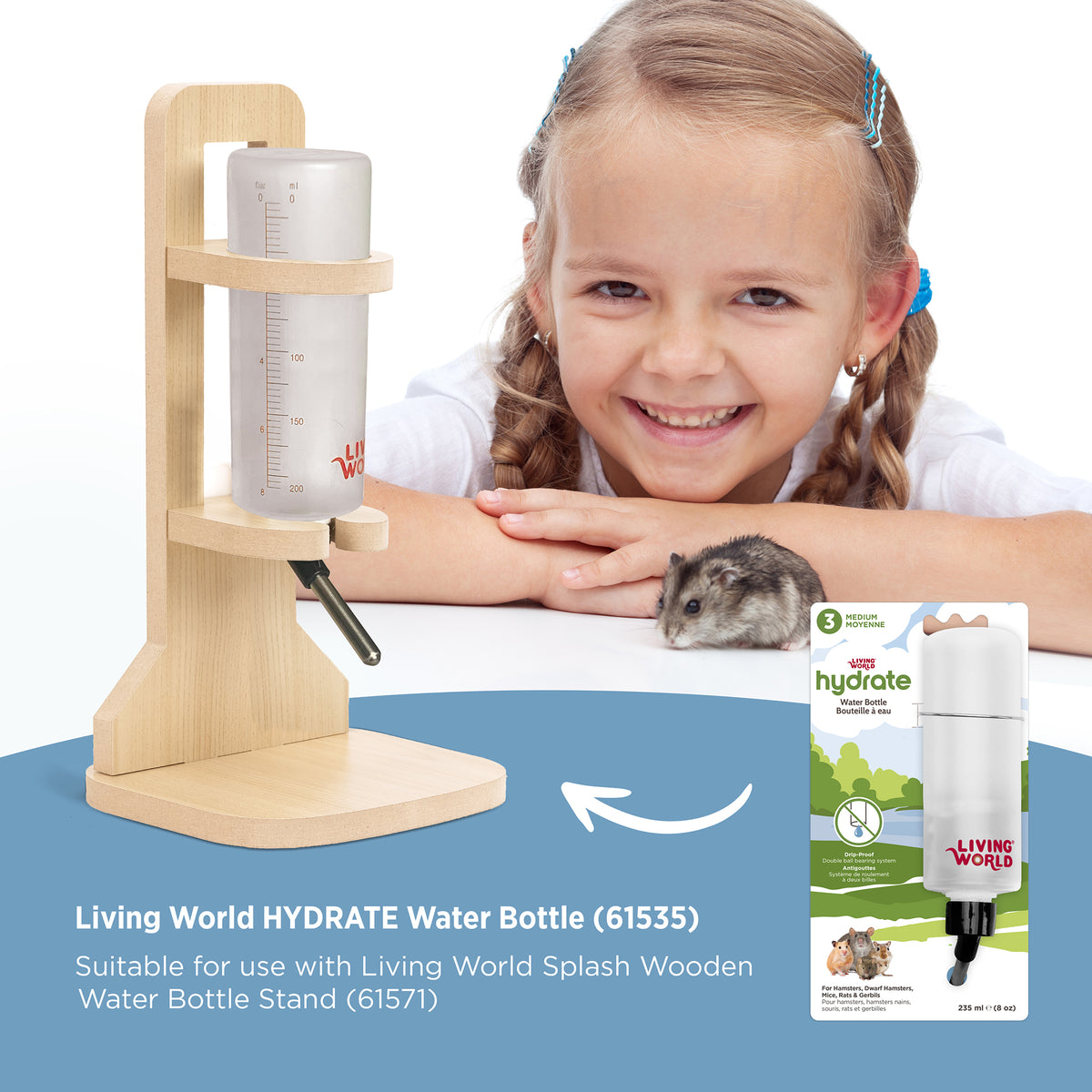 Bouteille à eau étanche Living World avec support pour petits animaux, moyenne, 236 ml (8 oz liq.)