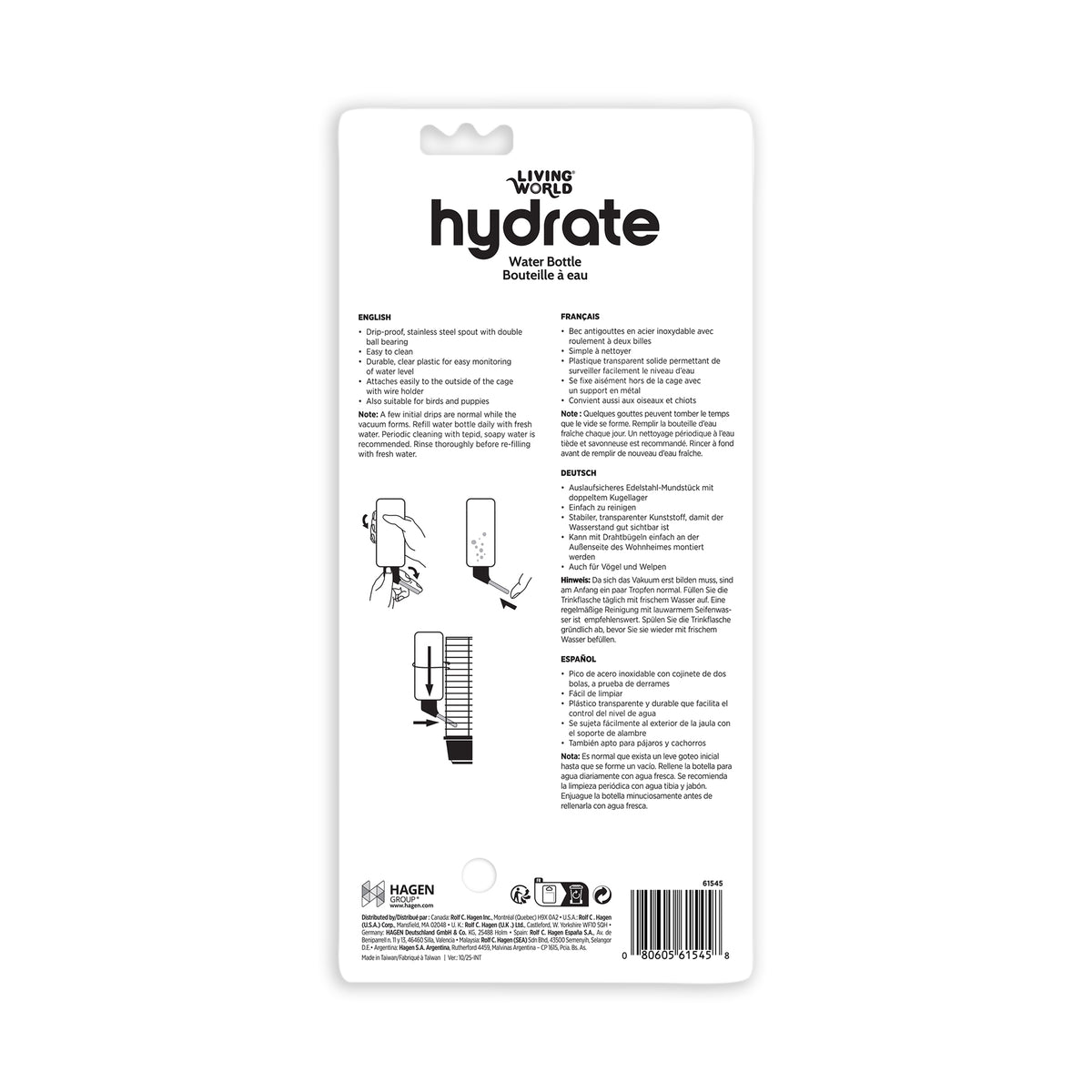 Bouteille à eau étanche Living World avec support pour petits animaux, très grande, 946 ml (32 oz liq.)
